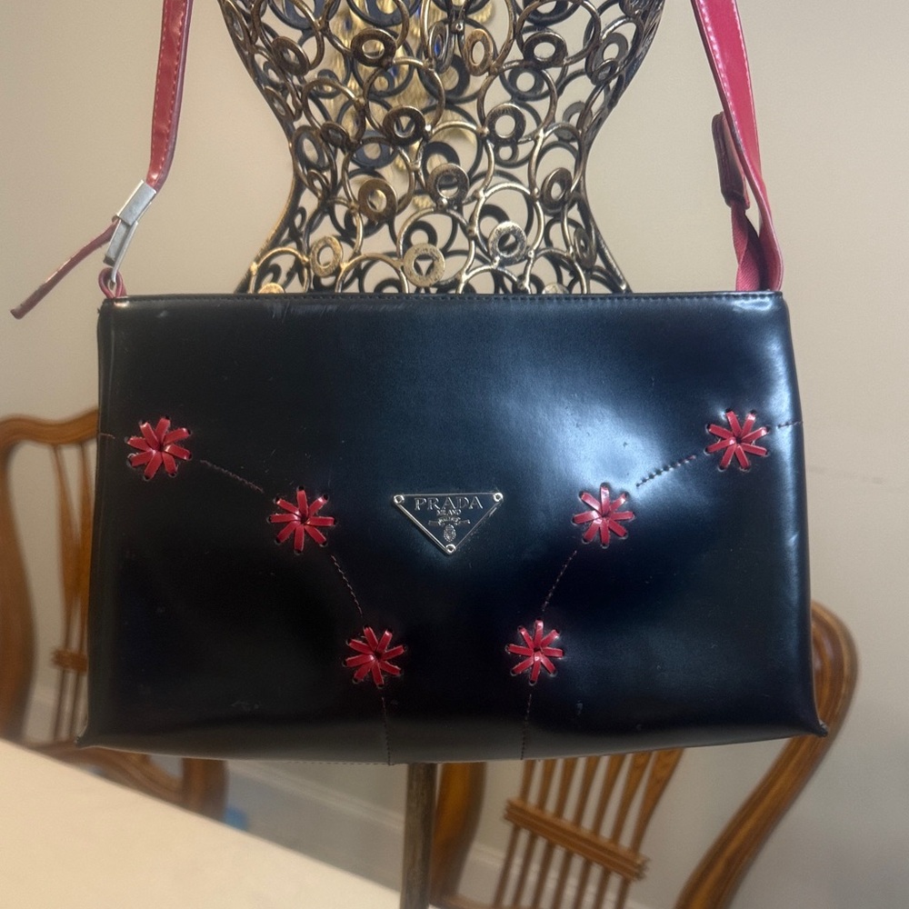 Design like Prada Leather Black Shoulder Bag with Red Floral Accents